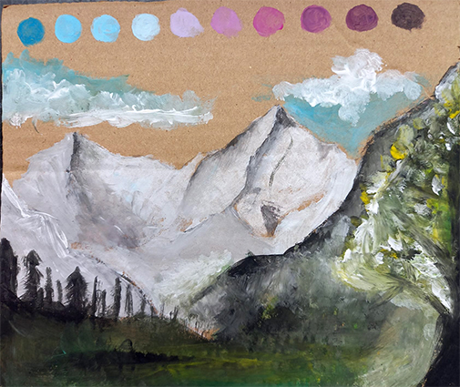 Eine impressionistische Landschaftsmalerei zeigt schneebedeckte Berge, einen bewaldeten Hügel und einen Baum im Vordergrund mit einem Farbverlauf aus Blau- und Violetttönen am oberen Rand.